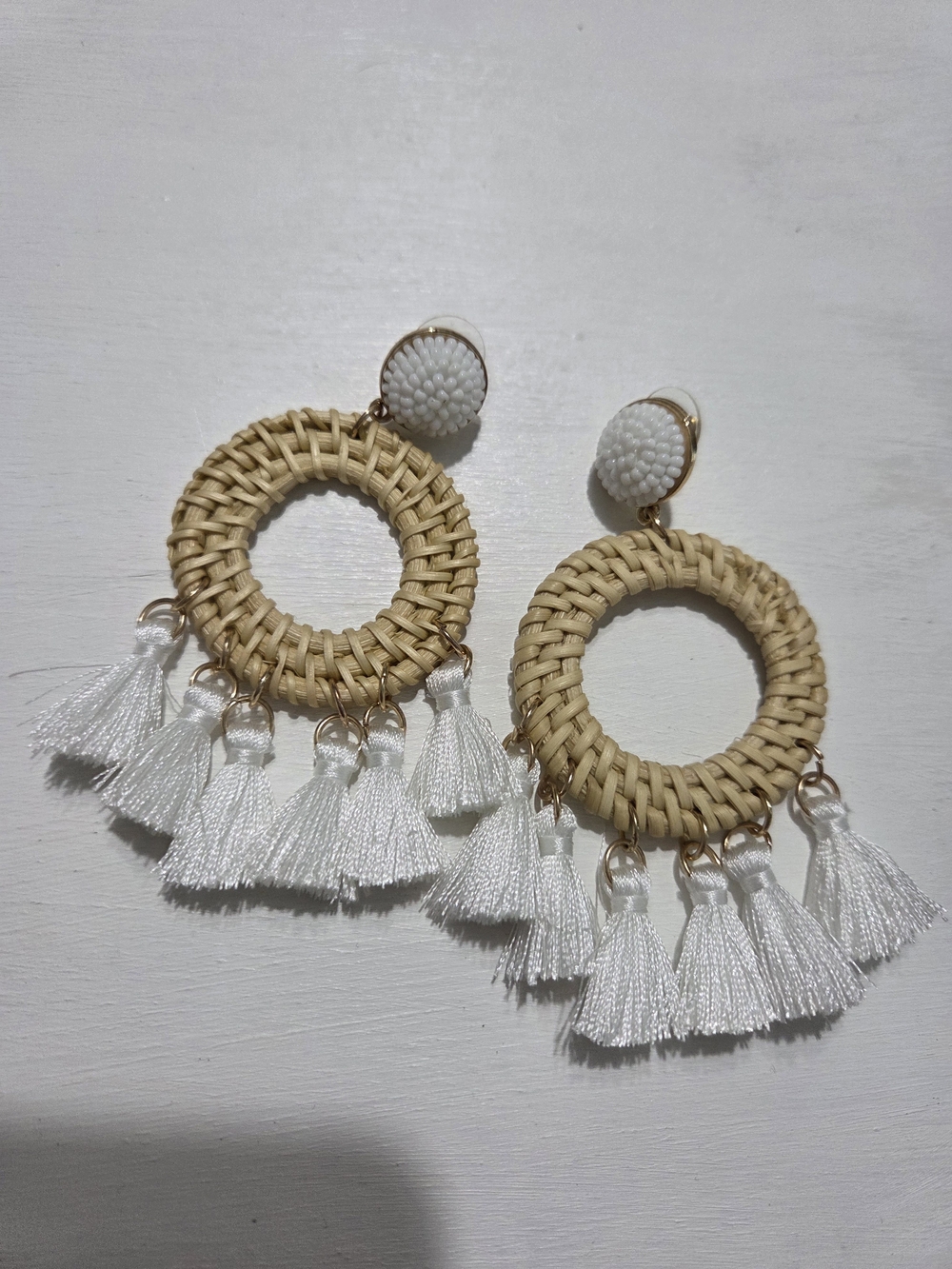 Rattan Hoop Earrings with White Tassels